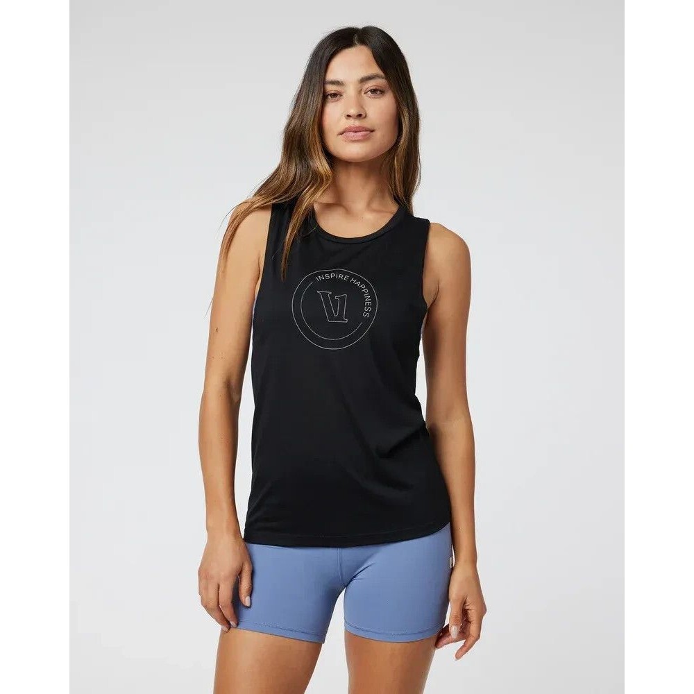 Vuori Logo Muscle Tank Black Inspire Happiness Print Sleeveless Gym Run Sz S